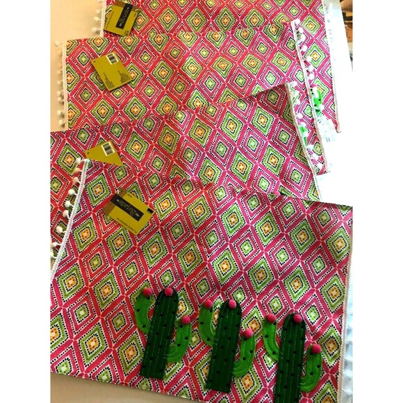 Placemats Cactus 4 Pink Green Applique Diamonds Pom Poms Lot Bright Colors NEW - Picture 1 of 6
